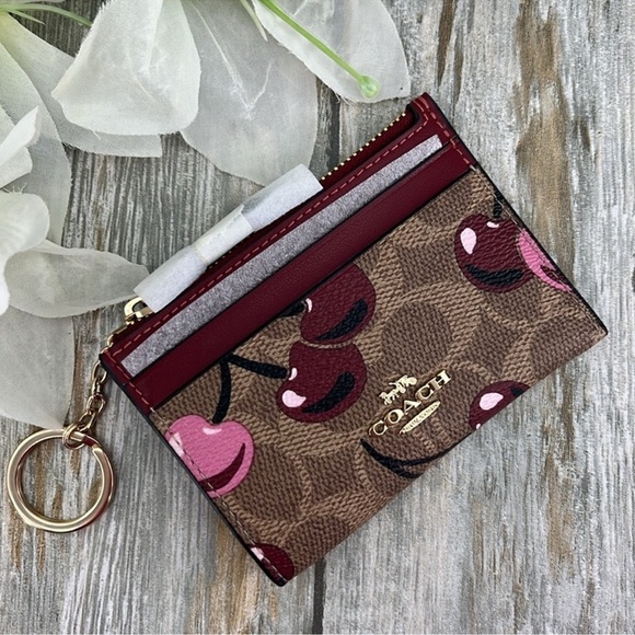 Coach Mini Skinny Id Case In Signature Canvas With Cherry Print - Picture 1 of 4